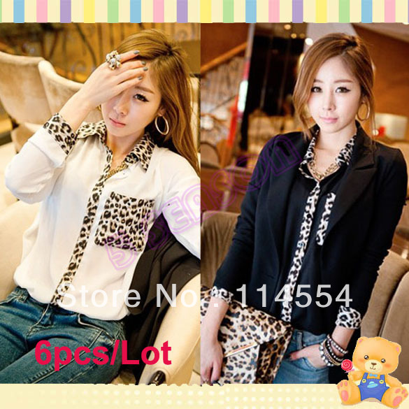 Free Shipping 6pcs/Lot Korea Women Leopard Blouse Button Down Long Sleeve Chiffon Loose Blouse Top 10048