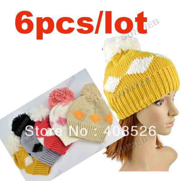 Free Shipping 6pcs/Lot Women's Diamond Grid Pattern Beanie Crochet Winter Knitted Hat Large Ball Cap Skullies 9534