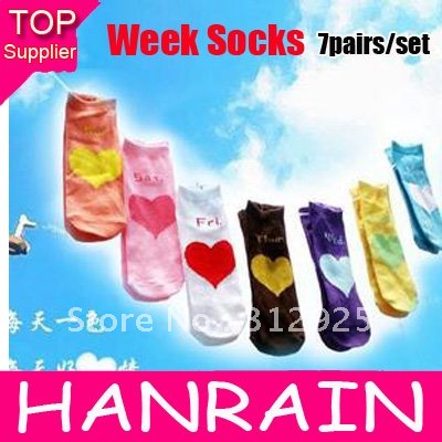 Free Shipping 7 Color Cute Beautiful Lovely Heart English Letter Women Cotton Week Socks 5set=35pair/lot