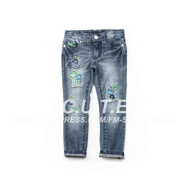 Free Shipping 7 Pcs Girls Fashion Jeans Children Floral Jeans Wear  Babies Autumn Trousers Kids Pants Denim Bottom 1213016-BP