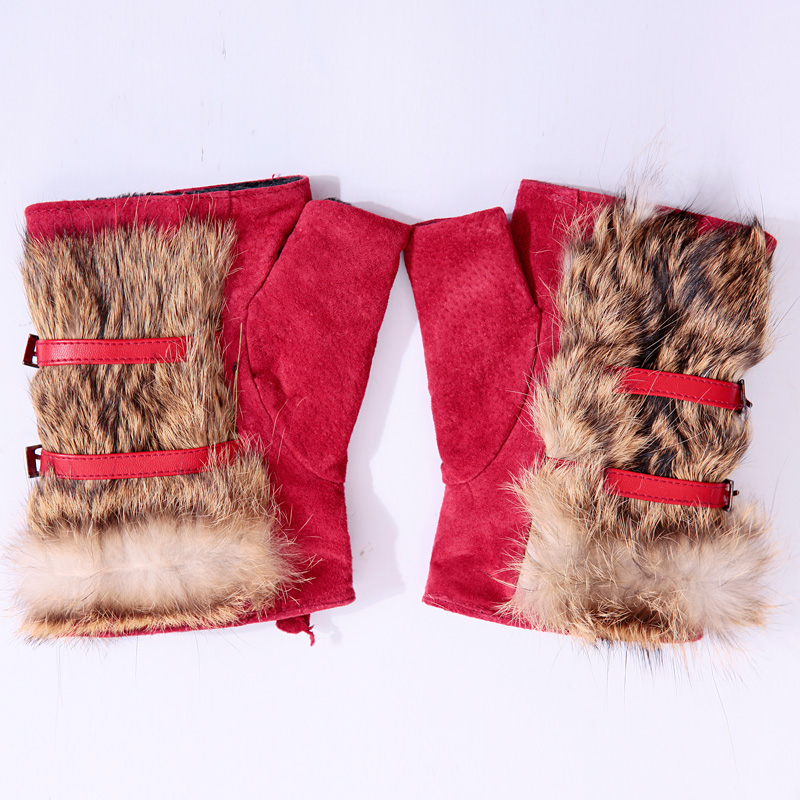 FREE SHIPPING 77 ! semi-finger leopard print rabbit fur patchwork leather gloves