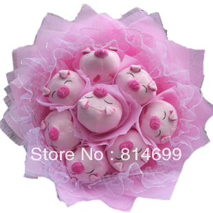 Free shipping 8 squinting pig doll cartoon bouquet birthday gift married bride holding flowers fake bouquet AS478