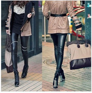 Free shipping 812 handsome fashion personality oblique zipper matte faux leather pants ankle length legging