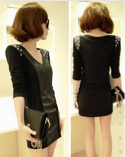 Free shipping 8603 slim hip leather skirt basic skirt long-sleeve dress