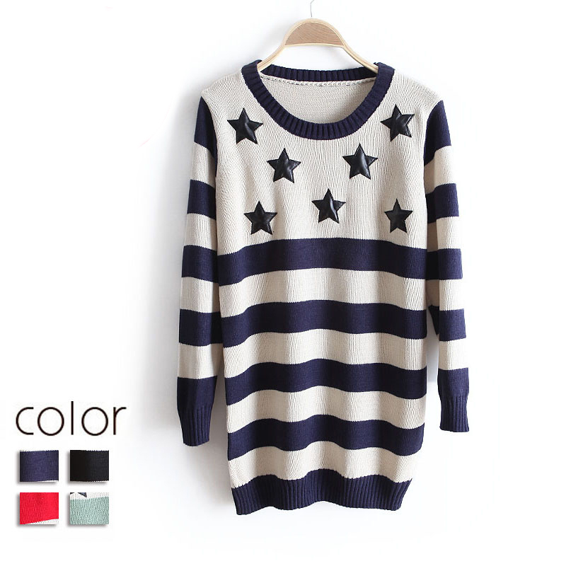 free shipping 89 five-pointed star PU medium-long stripe knitted sweater wx1362