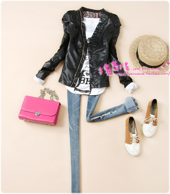 Free shipping 898 2012 autumn women's shoulder pads motorcycle leather clothing stand collar short jacket motorcycle clothing