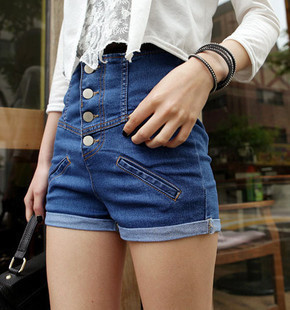 Free Shipping 902 summer women's single breasted roll-up hem vintage high waist denim shorts dress wholesale