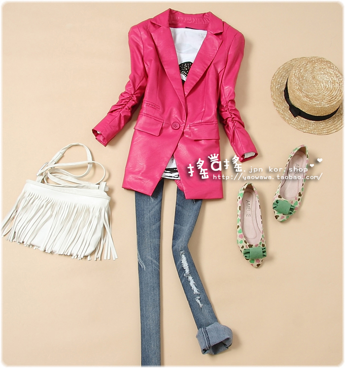 Free shipping 908 2012 spring women's PU three quarter sleeve fashion slim cool blazer leather coat