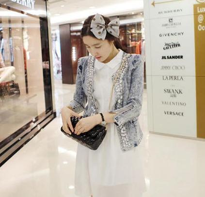 Free shipping 9085 Women vintage rhinestone elastic denim paillette short jacket top short design denim coat