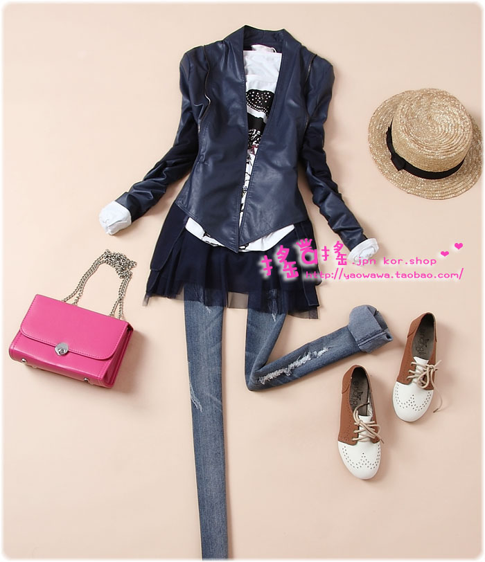 Free shipping 913 2012 spring women's irregular lace patchwork medium-long slim leather clothing outerwear