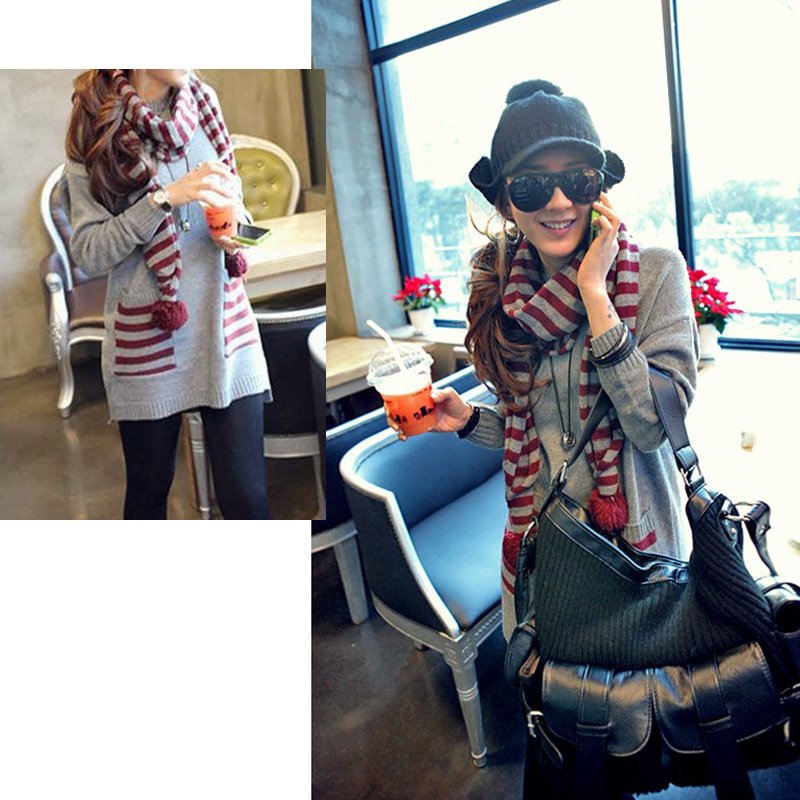 Free Shipping 9140 fashion o-neck double pocket stripe scarf knitted sweater dress MY
