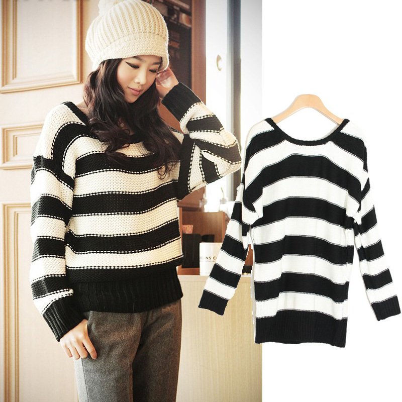 Free Shipping 9142 fashion black and white stripe o-neck all-match sweater shirt outerwear MY