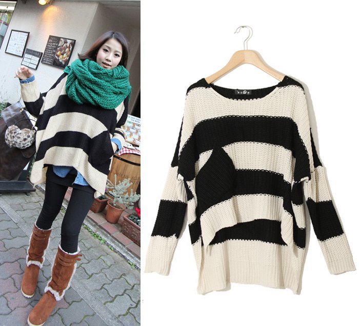 Free Shipping 9145 is wide stripe color block decoration sweater chest large pocket clothes pin long and short bat sweater MY