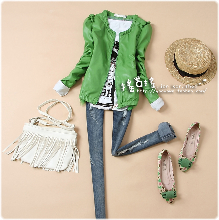 Free shipping 919 9.25 big PU candy color sweet short design leather clothing 2012 autumn PU short jacket