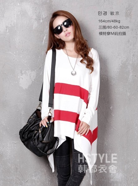 free shipping 9210 autumn irregular personality wide stripe loose plus size color block long-sleeve medium-long t-shirt