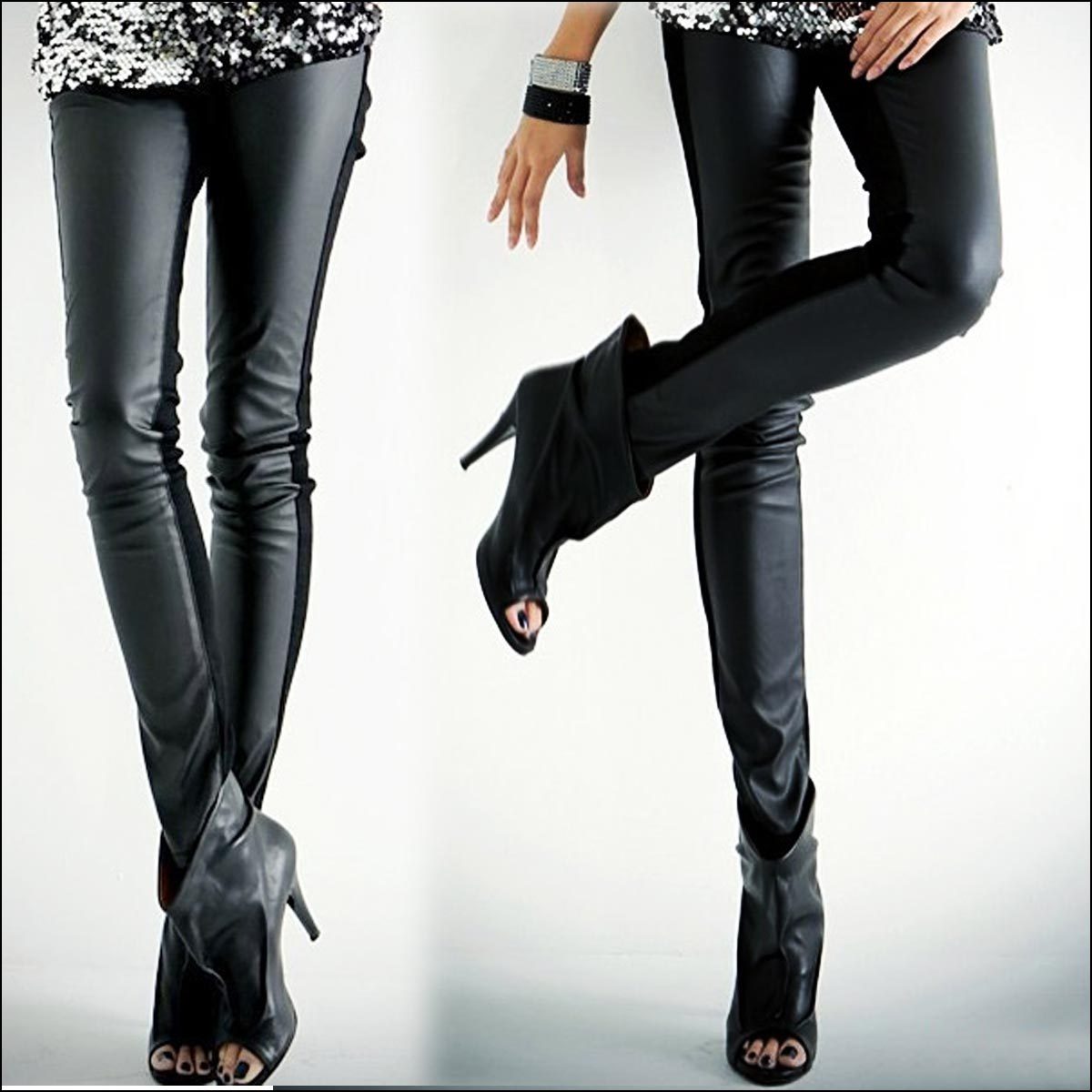 Free shipping 9375 ankle length trousers black-matrix double faced leather legging basic pants fashion popular 2011