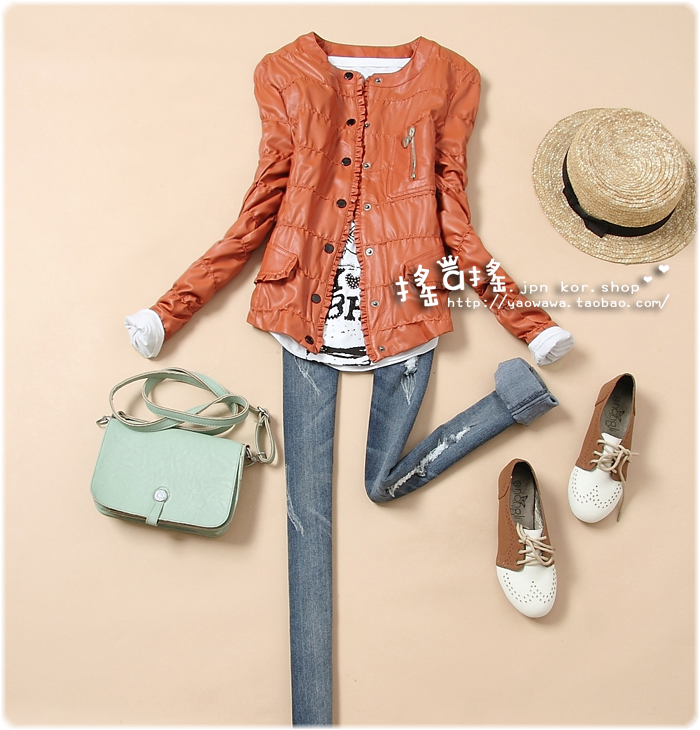 Free shipping 939 2012 autumn women's pressure pleated slim fashion elegant short design PU clothing short jacket