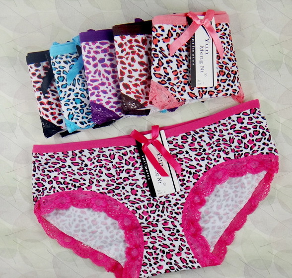 Free shipping 95%cotton women bow panties fashion leopard underwear lace briefs M,L,XL 5pcs/lot