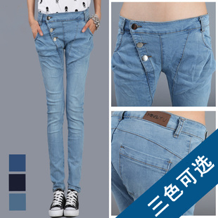 Free shipping 958 pencil pants elastic buttons retro finishing denim trousers female  3 kinds of color Large size 26-31 cotton