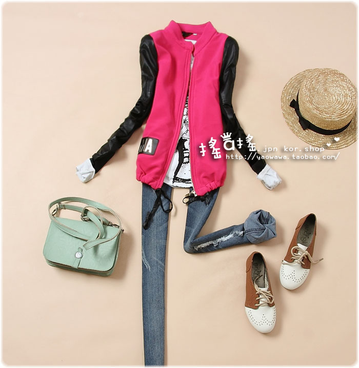 Free shipping 990 2012 autumn outerwear women's stand collar patchwork PU slim short jacket short design leather clothing