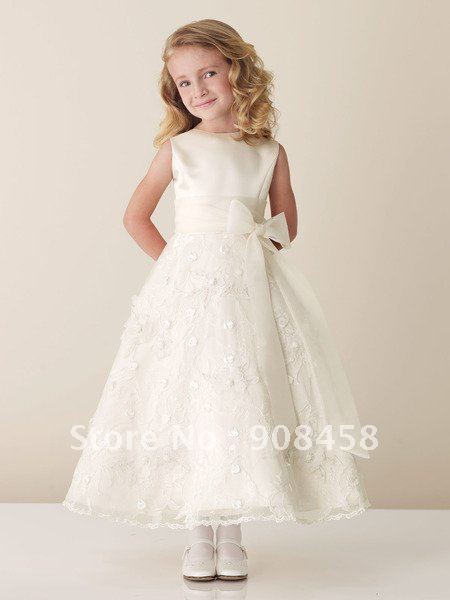 Free Shipping A-line Bateau Ankle-length Sleeveless Lace and Satin Flowergirl Dress with Sash/Ribbon