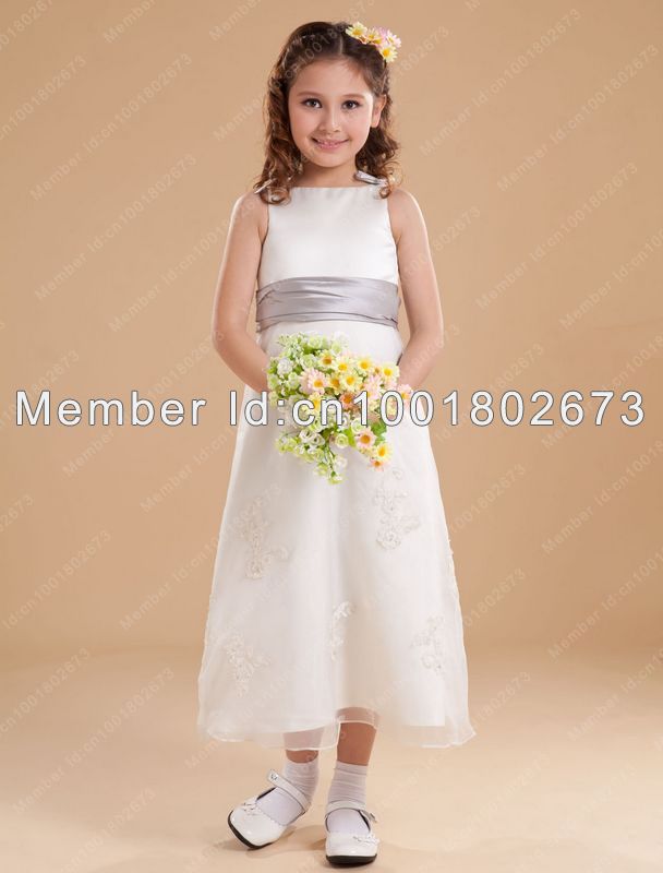 Free Shipping A-Line Bateau Appliques Sashes/Ribbons Ankle-Length Flower Girls Dresses Little Girls Gowns For Pageant Wedding
