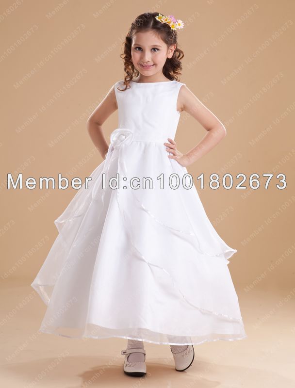 Free Shipping A-Line beteau Bow(s) Flowers Ruffles Ankle-Length Flower Girls Dresses Little Girls Gowns For Pageant Wedding