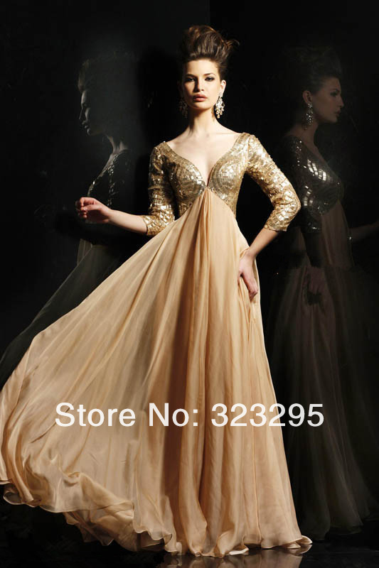 Free Shipping A-line Chiffon Sequined V-neck 3/4 Sleeve Floor-Length Coctail Party Prom Evening Dresses 2013 Long