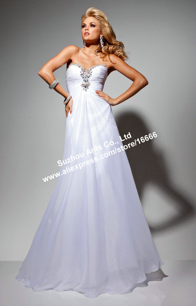 Free Shipping A-line  Full length Beaded Sweetheart White Organza Bling Evening Dress GW564