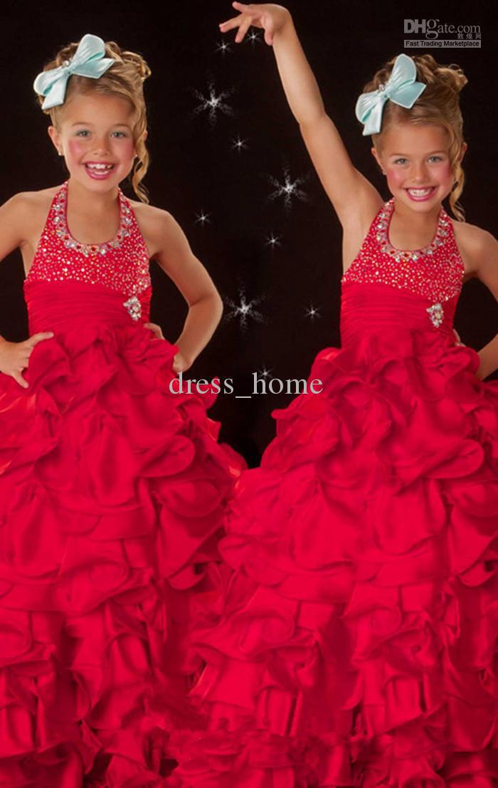 Free Shipping A Line Halter Long Chiffon Red Beaded Pageant Dress For Little Girl Flower Girl Dress