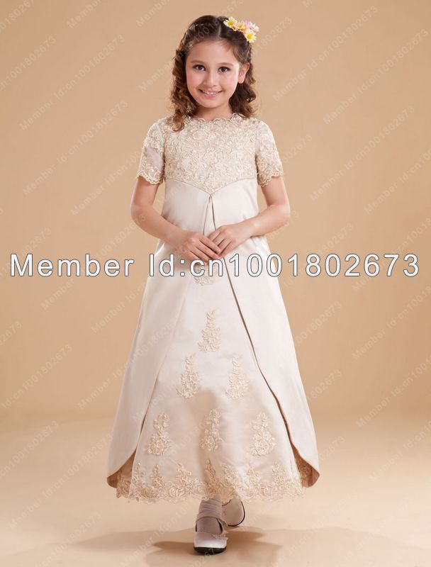 Free Shipping A-Line High Neck Beading Embroidery Ankle-Length Flower Girls Dresses Little Girls Gowns For Pageant Wedding