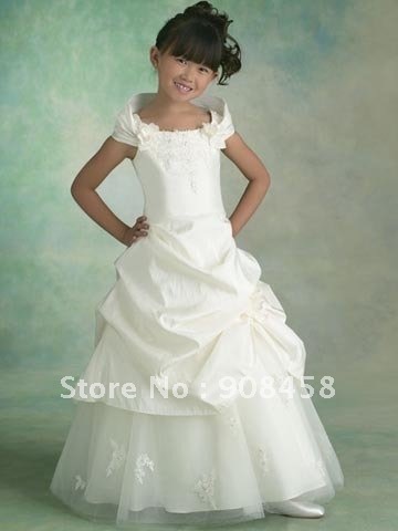 Free Shipping A-line Off-the-shoulder Floor-length Sleeveless Taffeta Flowergirl Dress with Applique