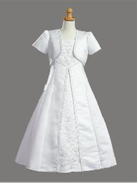 Free Shipping A-line Satin Beads Short Sleeve Jacket  Ankle-Length First Communion Dresses Custom Made