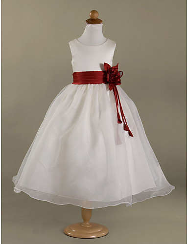 Free shipping A-line Scoop Floor-length Satin Organza Flower Girl Dress