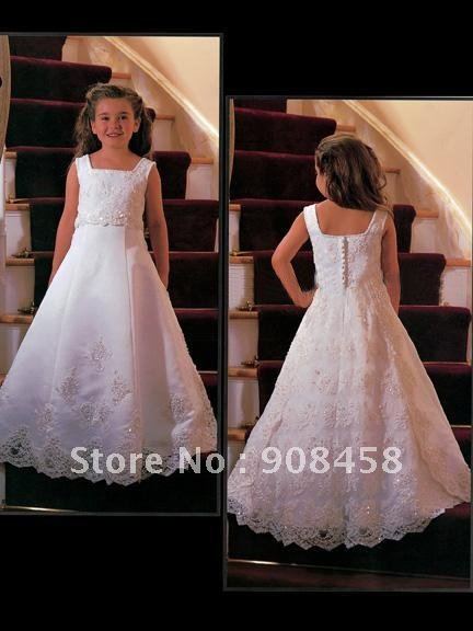 Free Shipping A-line Square Floor-length Sleeveless Satin and Lace Flowergirl Dress with Beading