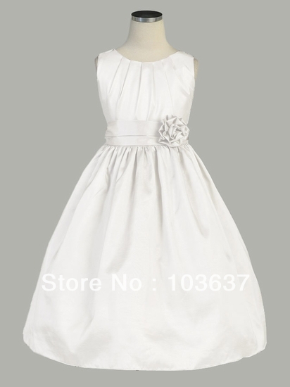 Free shipping A-line  taffeta floor-length sleeveless with flower,sashes,tank scalloped flower girl dress custom made