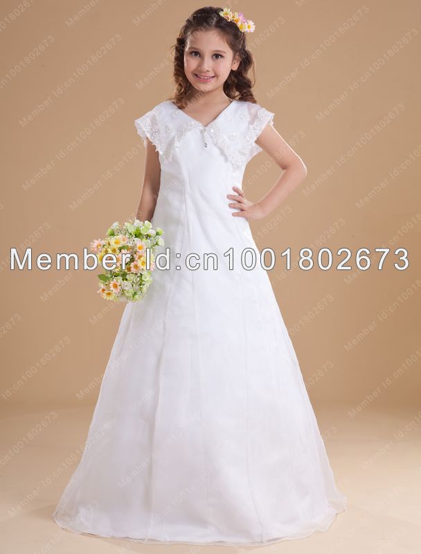 Free Shipping A-Line V-neck Appliques Floor-Length Flower Girls Dresses Little Girls Gowns For Pageant Wedding