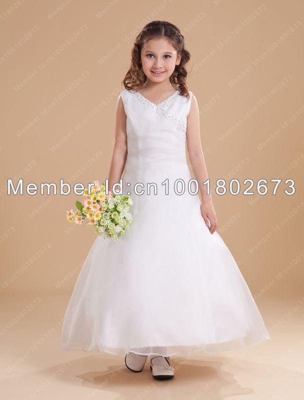 Free Shipping A-Line V-neck Beading Ankle-Length Flower Girls Dresses Little Girls Gowns For Pageant Wedding