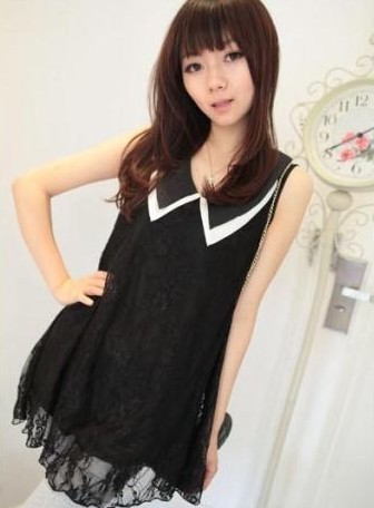 Free Shipping, A women's doll chiffon turn-down collar navy style vintage op chiffon shirt