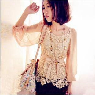 Free shipping, A women's nude color cutout lace decoration double layer long-sleeve lacing lace shirt chiffon shirt basic shirt