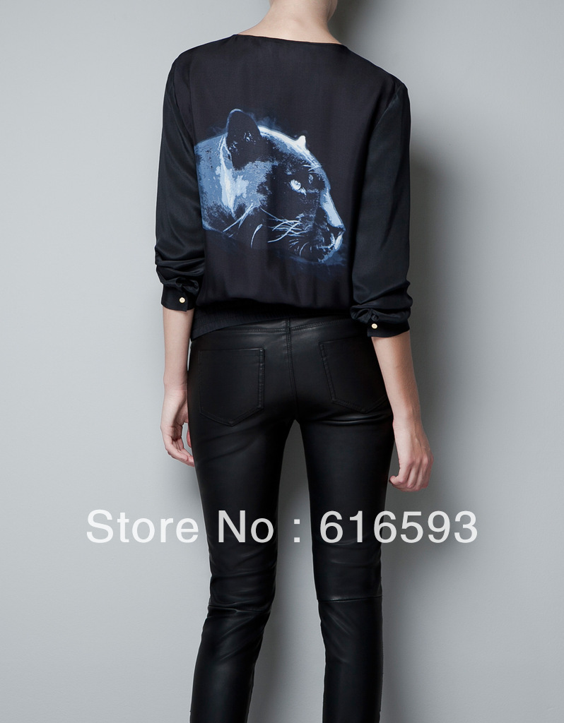 Free Shipping A203 Leisure Street Style 2013 European New Arrival Leopard Printing Back Zipper Closure Elastic Lap Cotton Blouse