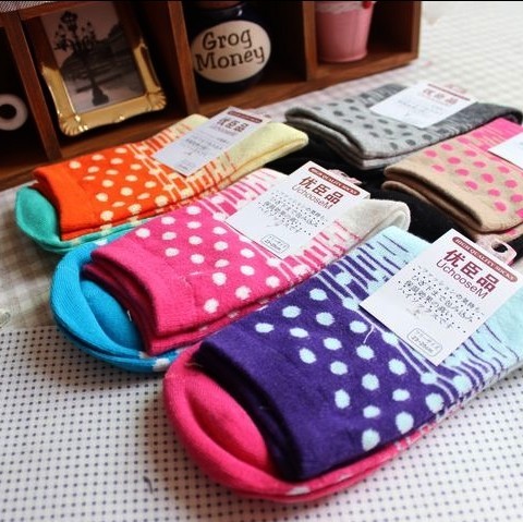 Free Shipping A254 Candy Color 10 pairs/lot Dots&Stripes 100% Cotton Socks for Autumn & Winter, Women's  Socks Wholesale