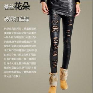 Free shipping A332 faux leather lace hole cutout ankle length legging