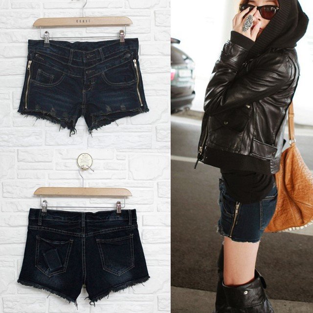 Free Shipping#A9028 # South Korea women's new dual-zipper jeans Shorts
