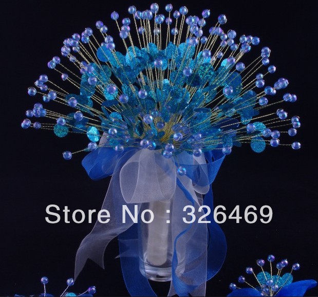 Free shipping acrylic crystal girl bouquets wedding bridal faux pearl teal beads artificial flower bouquet