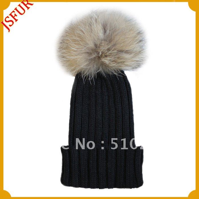Free Shipping  Active knitted hat, 30% wool hat with removable raccoon fur ball at 13cm