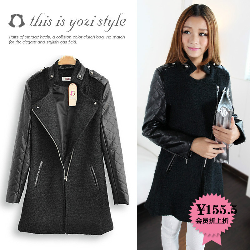 Free shipping After 155 yozi 2012 winter new arrival leather woolen patchwork outerwear woolen top zd031