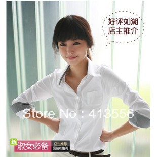 Free shipping  Age occupation Couture mounted mosaic hit color summer Ladies Long Sleeve White Shirt slim  p117ow