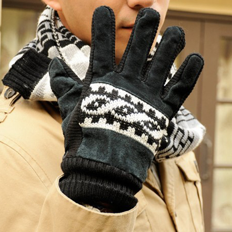 Free shipping Aliexpress Thermal nubuck leather knitted patchwork winterisation fashion gloves male winter gloves Men
