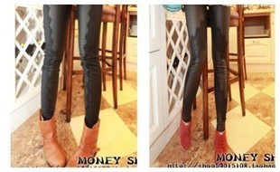 Free shipping All-match eyelash lace patchwork leather pants legging